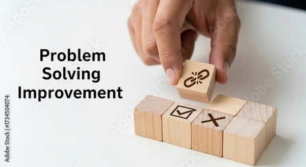 Fototapeta Problem Solving Improvement, A hand selects a wooden block with strategy and decision-making.