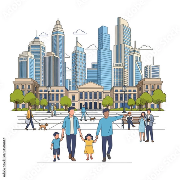 Fototapeta City park scene with same-sex parents walking with children, skyscrapers in the background
