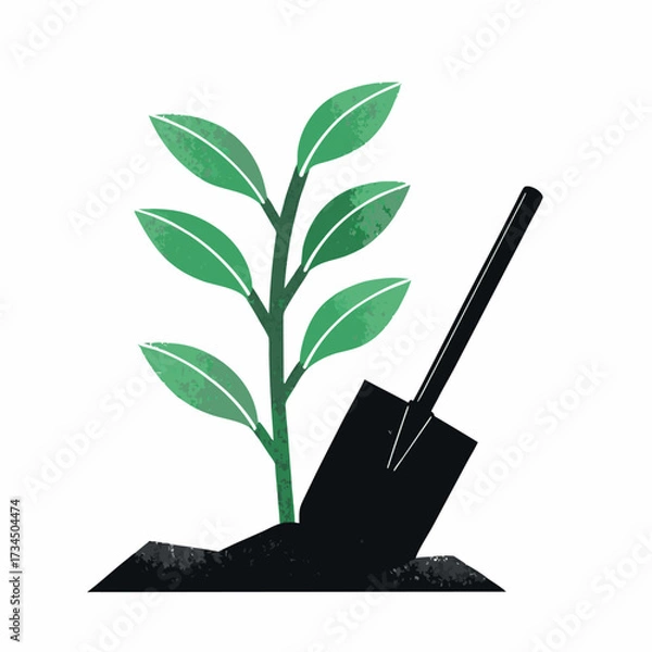 Obraz Green plant with leaves in a pot on a white background, an icon of nature and growth for eco design or gardening illustration
