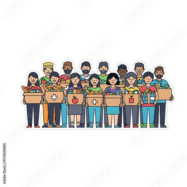 Obraz Diverse group of volunteers holding donation boxes filled with food and essential supplies