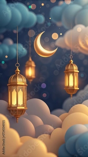 Fototapeta Magical ramadan night sky with glowing lanterns and crescent moon illuminating soft clouds