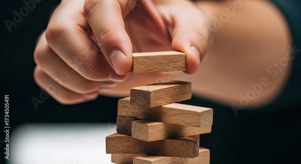 Fototapeta Economic recession, A hand carefully places a wooden block on a tower, showcasing skill and concentration in a game of balance.