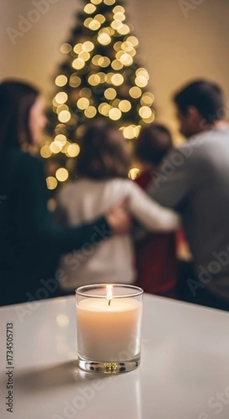 Fototapeta A cozy family scene with a lit candle mockup in the foreground and a blurred Christmas tree, warmth and togetherness during the holiday season.