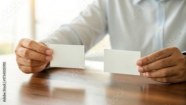 Fototapeta A person holds two blank cards mockup, a minimalist design, with a wooden table and soft natural light in the background.