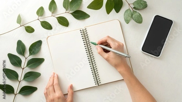 Fototapeta Economic recession, saving conscious, A hand writes in a blank notebook surrounded by green leaves and a smartphone on a light surface