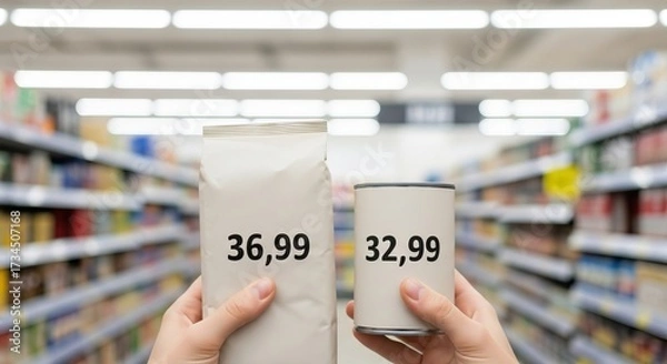 Fototapeta Budgeting conscious spending, A person compares prices of a bag and can in a supermarket aisle, cost differences between products on the shelves.