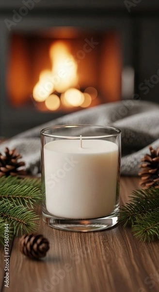 Fototapeta A cozy candle mockup sits on a wooden table, surrounded by pinecones and greenery, with a warm fireplace glowing in the background.
