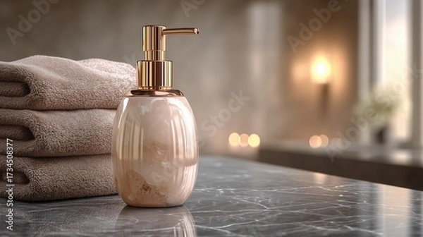 Fototapeta Luxury marble soap dispenser with folded towels in soft light.

