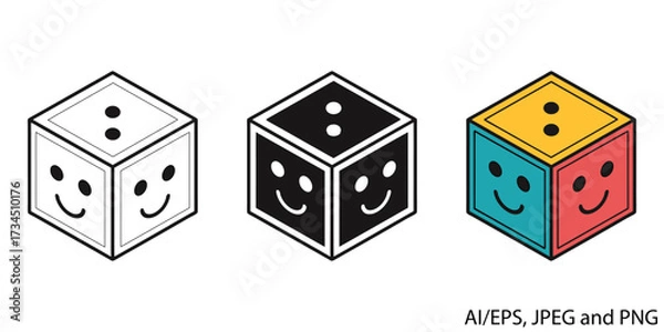 Fototapeta Three dice icons showing smiley faces and dots in different styles vector
