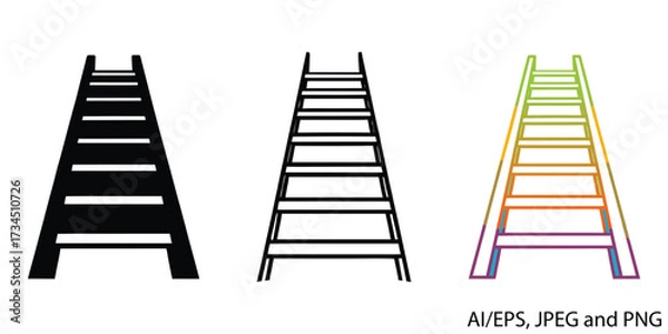 Fototapeta Three different styles of ladders including silhouette outline and color options vector