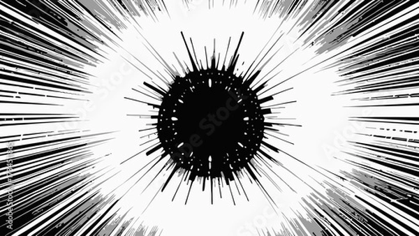 Obraz Abstract black and white artwork depicting a central dark object with radiating lines.