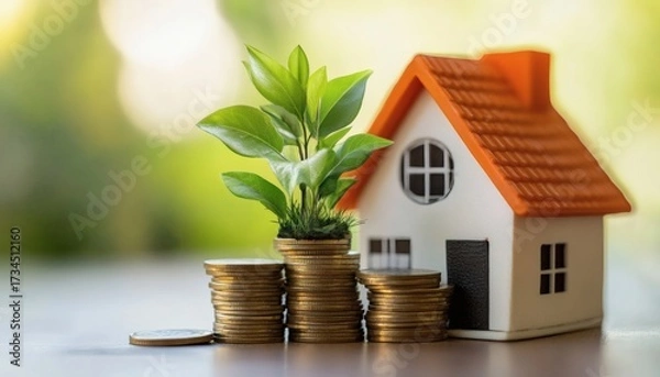 Obraz A miniature house sits beside stacks of gold coins, and a small green plant sprouts from the top of the largest stack of coins.