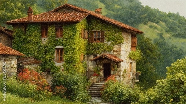 Obraz Rustic house covered in vines