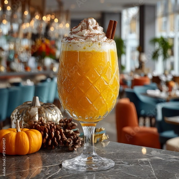 Fototapeta Enjoying a seasonal drink with a warm cinnamon flavor in a cozy restaurant setting during autumn