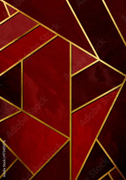 Fototapeta Modern and stylish abstract design poster with golden lines and red geometric pattern.