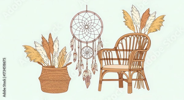 Obraz Boho chic interior design featuring a rattan chair, pampas grass in a basket, and dream catcher for a cozy and stylish home decor aesthetic