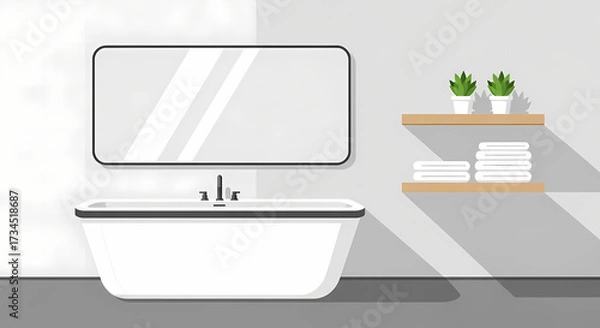 Fototapeta Modern minimalist bathroom design with sleek bathtub, mirror, and shelf accents for a serene and stylish home spa experience, perfect for interior design projects