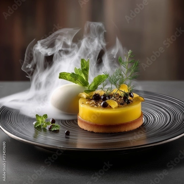 Fototapeta Gastronomic Artistry: A meticulously crafted dessert masterpiece, adorned with vibrant fruits, delicate herbs, and enveloped in a cloud of ethereal vapor.