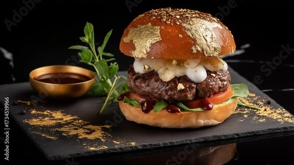Fototapeta Gourmet Burger: A lavish gourmet burger, adorned with gold leaf and delectable toppings, rests elegantly on a sleek black surface, exuding luxury and culinary delight.