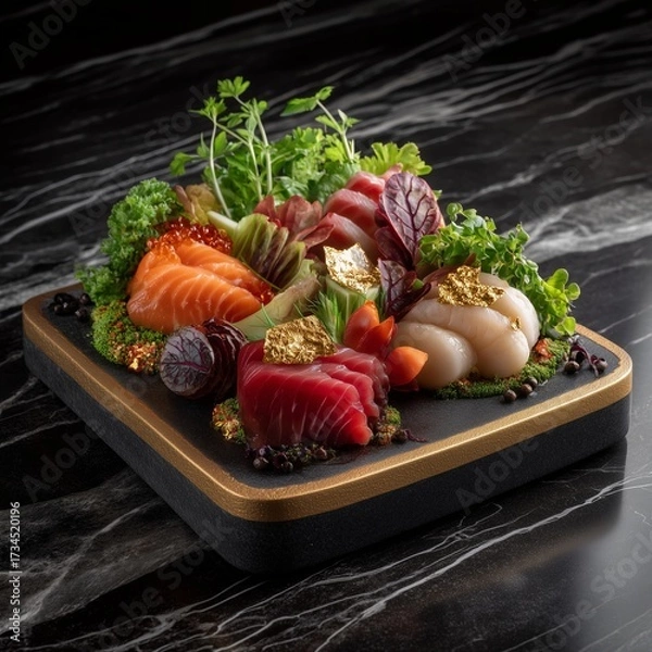 Fototapeta Culinary Canvas: An exquisite plate showcasing the vibrant art of sashimi, featuring meticulously arranged, fresh seafood delights that beckon the palate and offer a refined dining experience.