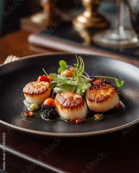 Fototapeta Seared Scallops Gourmet Delight: Exquisite seared scallops, artfully arranged with vibrant garnishes, on a dark plate, creating a visual feast.