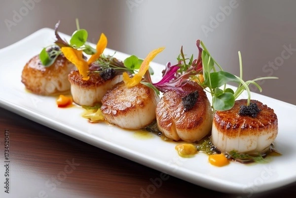Fototapeta Seared Scallops Gourmet Platter: A captivating culinary masterpiece, presenting perfectly seared scallops artfully arranged on a rectangular plate, adorned with fresh microgreens, edible flowers.
