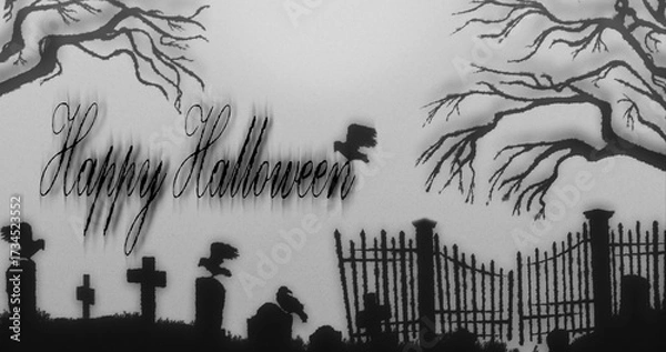 Fototapeta Ink-on-paper depiction of a spooky graveyard scene and a greeting