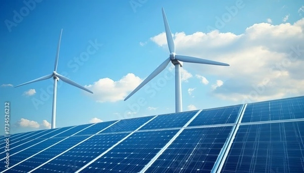 Fototapeta The image shows two wind turbines and a large array of solar panels under a partly cloudy sky, illustrating renewable energy sources.