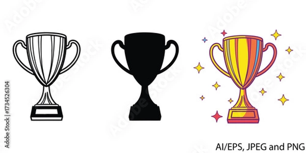 Fototapeta A collection of three trophy illustrations: a line drawing, a silhouette, and a colorful, sparkling award vector