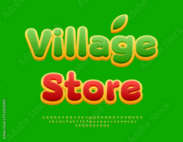 Fototapeta Vector Bright signboard Village Shop. Cute Green Font. Creative Digital Alphabet Letters and Numbers set.