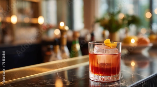 Fototapeta A crystal glass of ruby red Negroni with a large clear ice cube and orange twist garnish, resting on a reflective black marble bar counter.