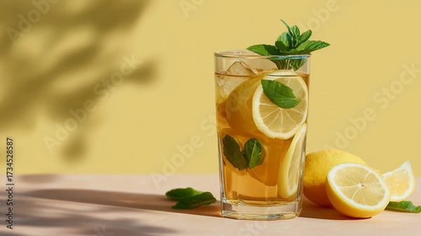 Fototapeta A glass filled with lemon iced tea, garnished with lemon slices and fresh mint, placed on a soft yellow background.