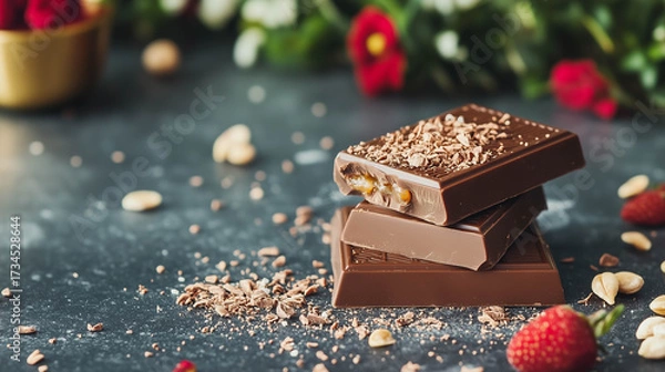 Fototapeta A premium gourmet chocolate bar with a bite taken out, showcasing its rich texture and decadent filling.