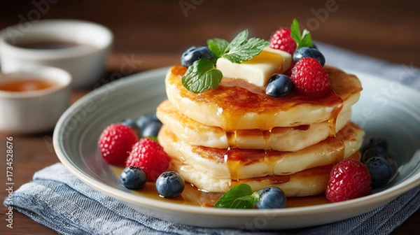Fototapeta A stack of fluffy pancakes drizzled with maple syrup, topped with butter and fresh berries.