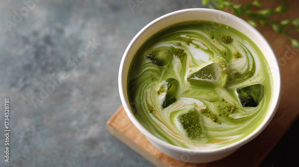 Fototapeta Matcha latte with ice, showcasing vibrant green and white swirls.