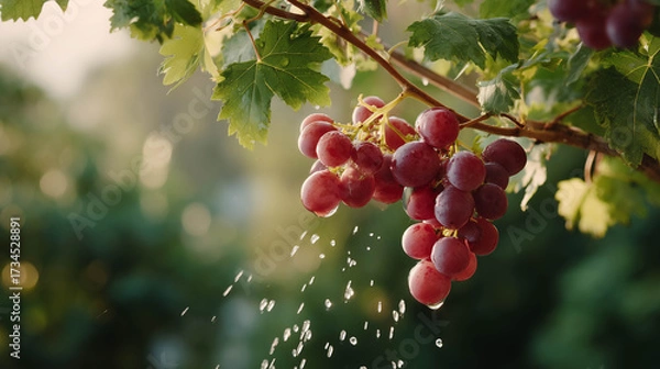 Fototapeta A bunch of grapes being rinsed with water droplets sparkling in sunlight.
