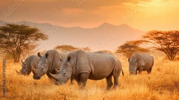 Fototapeta Rhinos in Grassy Field with Trees and Sunset