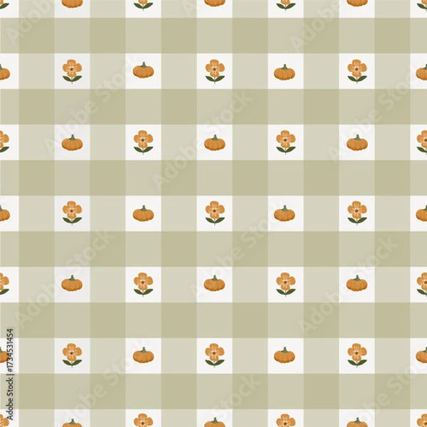 Fototapeta Checkered Seamless pattern print, autumn cozy rustic digital paper with pumpkins and flowers, fabric print vector background, kitchen cottagecore theme