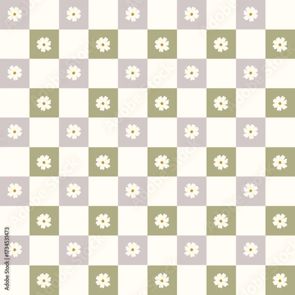 Fototapeta Checkered Seamless pattern print, autumn cozy rustic digital paper with flowers, fabric print vector background, kitchen cottagecore theme