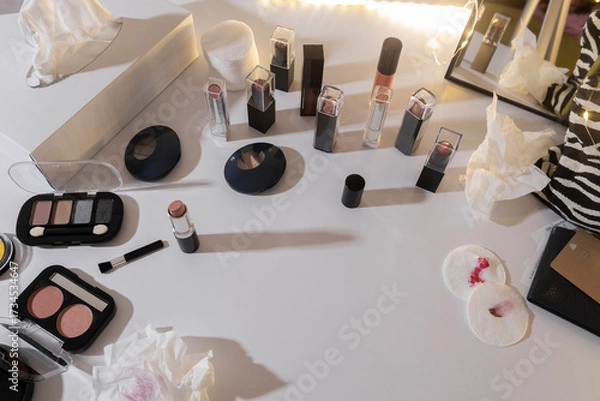 Fototapeta Makeup Station, Counter after client who choosing lipstick and other cosmetics. Used cotton pads, facial tissue, wipes, blushes, powder foundation on white desk
