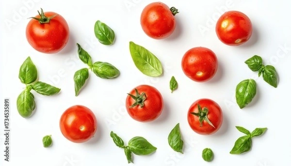 Fototapeta The image shows several ripe red tomatoes and fresh green basil leaves arranged on a white background.