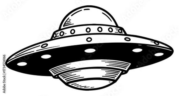 Fototapeta Vintage Flying Saucer UFO Space Ship Black and White Outline Line Art Drawing Old Etching Hand Drawn