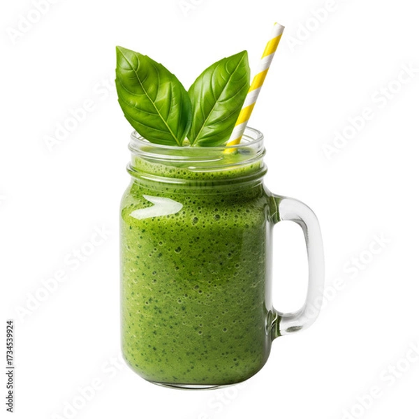 Obraz Refreshing green smoothie in a mason jar with basil garnish and straw