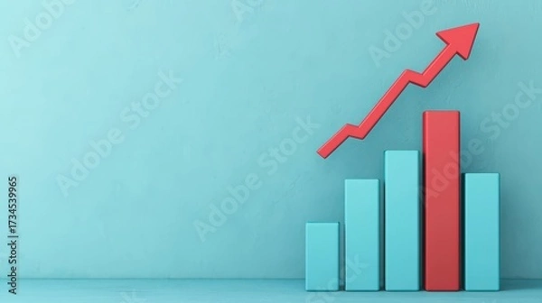 Fototapeta A vibrant chart with rising bars and an upward arrow, representing growth and progress in data analysis.