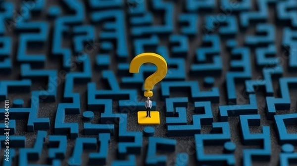 Fototapeta A miniature figure stands in a maze, highlighted by a large yellow question mark, symbolizing uncertainty and the quest for answers.