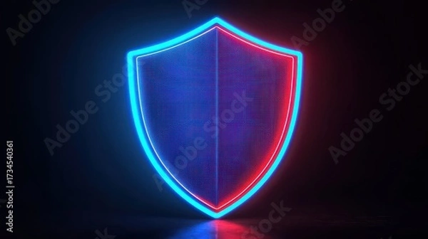 Fototapeta A glowing shield emblem in blue and red, set against a dark background, symbolizing protection and security.