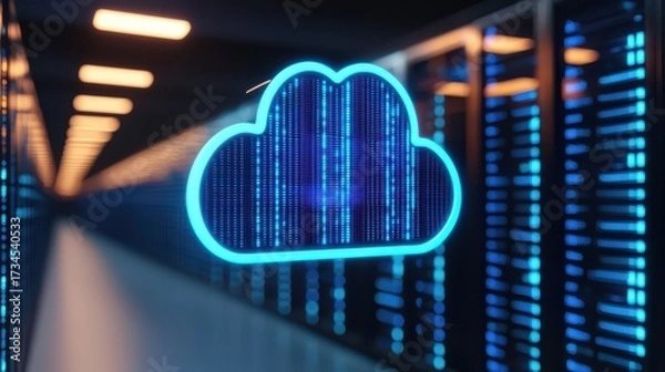 Fototapeta A glowing cloud symbol against a backdrop of data servers, representing cloud computing and digital technology.