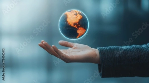 Fototapeta A hand holds a glowing, digital globe depicting the Americas, symbolizing technology, connectivity, and global awareness.