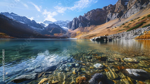 Obraz The Changbaishan Tianchi: A Majestic Volcanic Crater Lake on the China-North Korea Border in Jilin, China—Boasting Crystal-Clear Blue Water, Surrounded by Snow-Capped Peaks & Coniferous Forests, Ideal