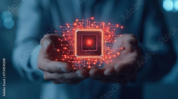 Fototapeta A person holds a glowing microchip surrounded by intricate circuits, symbolizing technological advancement and innovation.